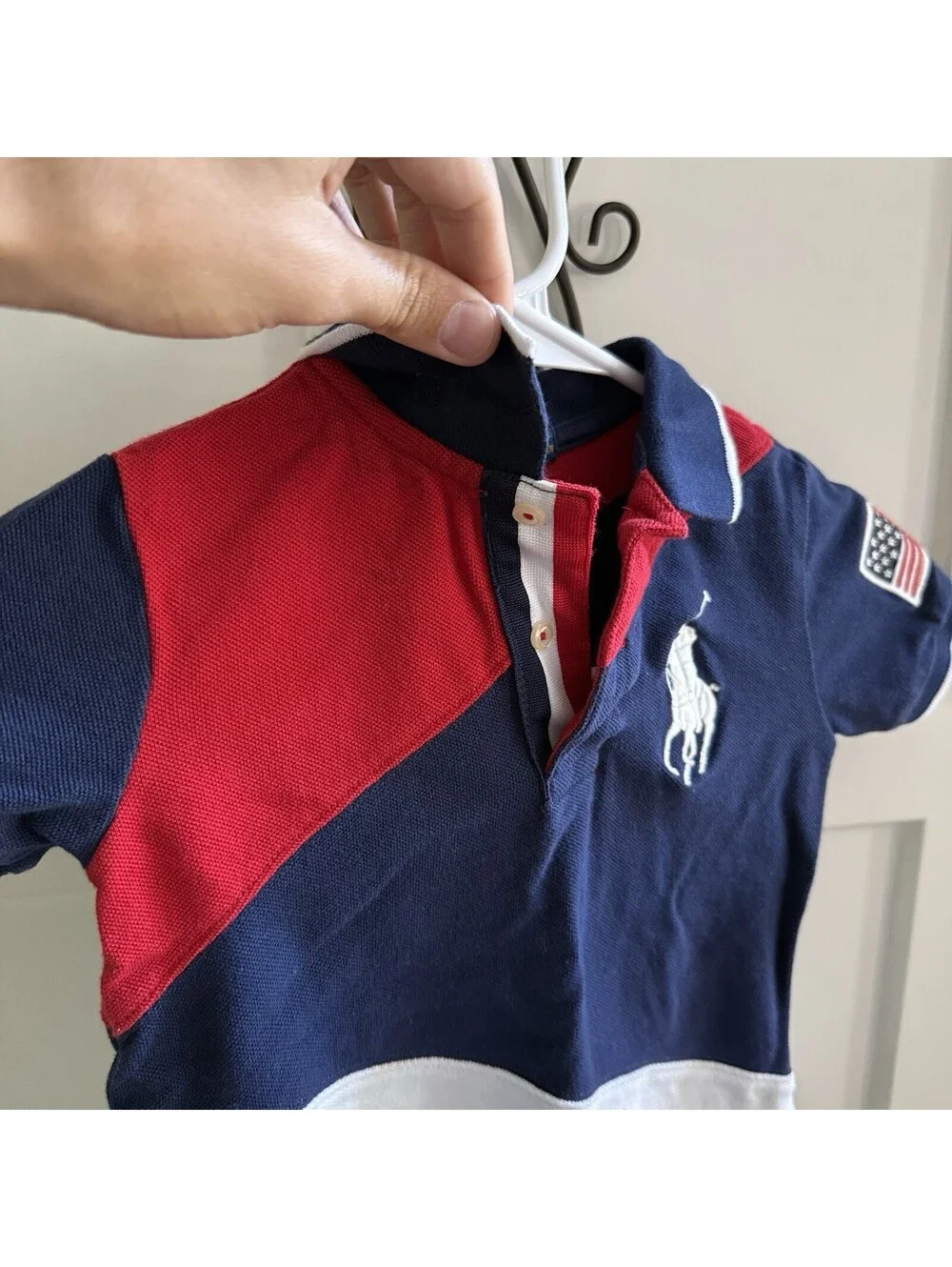Polo Ralph Lauren Boys 2T Big Pony USA Flag Colorblock Polo Shirt Red White Blue